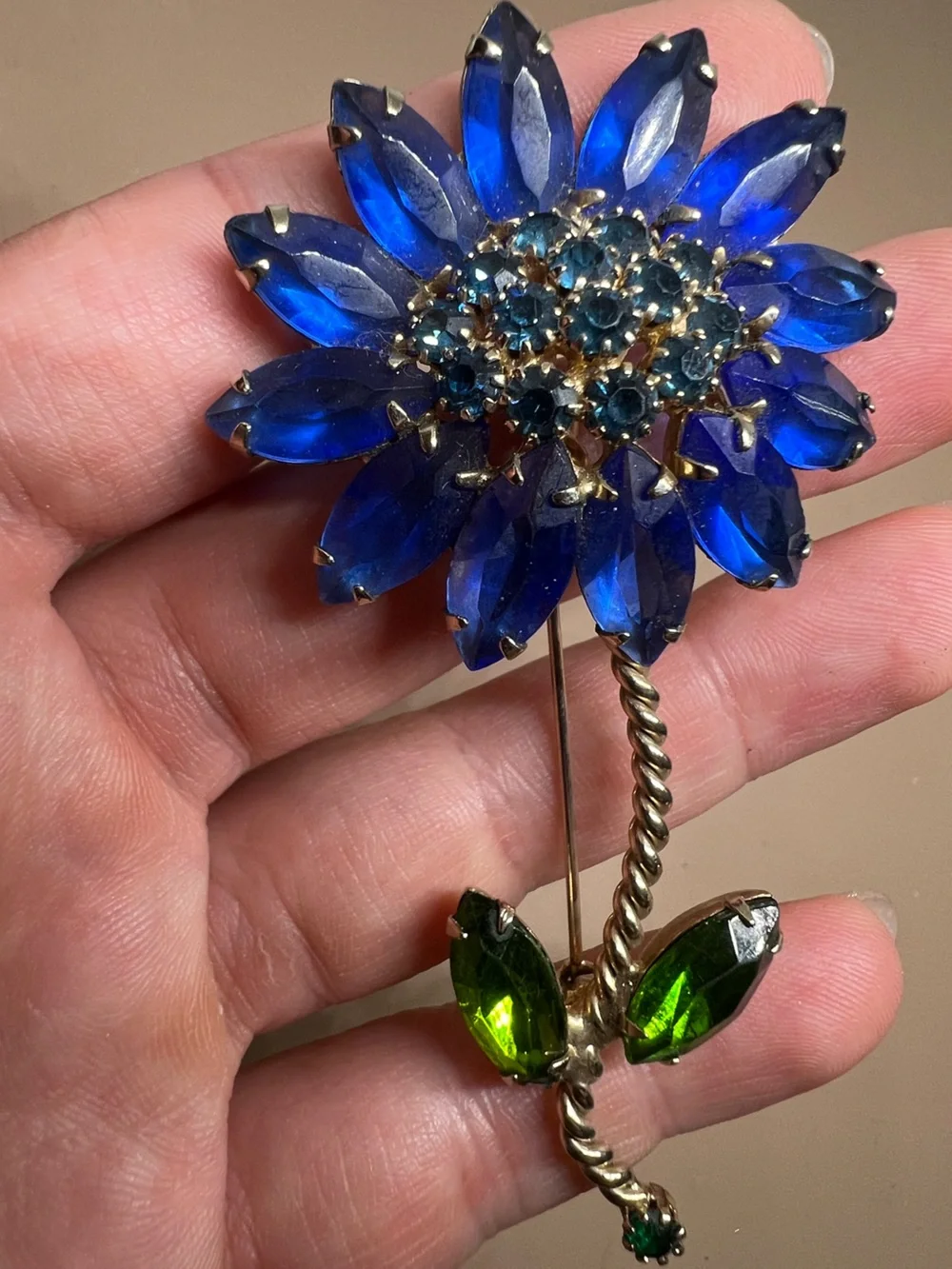 WEISS Signed Blue and Green Floral Crystal Brooch